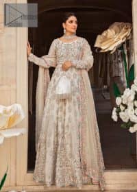 Ivory is effortlessly snappy and fun with the essence of pop. Introducing the Walima outfit for the happiest bride. Starting the outfit with an astonishing blouse having golden embroidery which includes kora, dabka, tilla and Kundan to make this outfit a unique piece of fun. Further, it is enhanced with boat shape neckline with intimate full sleeves. It is beautifully organized with a can-can lehenga in the same colour to embrace the magic of love. The floral embroidery on the lehenga gives a super aesthetic feeling to the outfit. Finish this look with the handsome dupatta in the same hue having a four-sided embellished border and sequins sprayed all over to show the essence of pop.