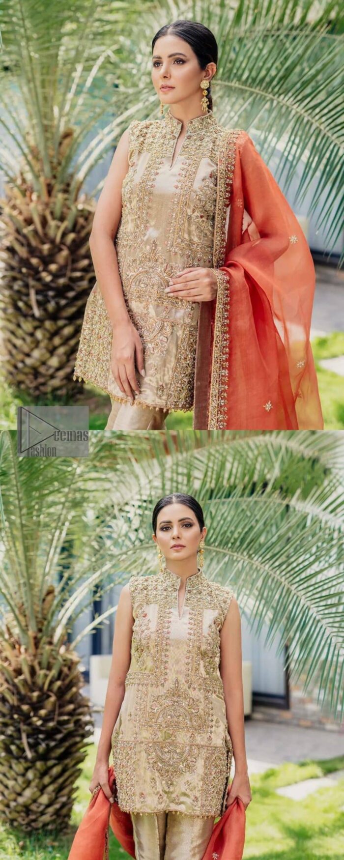 Envelop yourself into a dazzling love affair. The unique article in ivory colour just highlighted you at any event. The short shirt of the article is handsomely decorated with golden embroidery which includes kora, dabka, tilla, Kundan and Sitara work to make your event blazing and dazzling.  It is enhanced with a collared neckline to make this outfit more formal when come with a sleeveless style. Further, it is coordinated with pant which is embellished with golden embroidery. Last but not least piece the dupatta comes in rust colour having four-sided embellished borders to encapsulate you in stars.