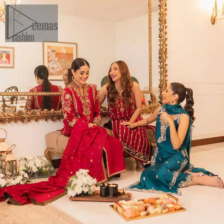 The golden pasting on a glamorous magenta canvas. The beautiful attire is presented that begins with a magenta long shirt which is attractively furnished with golden embroidery. It is spotlighted with tilla, dabka, kora and zardozi to make your event blazing and astonishing. In addition to this, it is attractively featured with a round neckline and sleeveless style. The following magenta long shirt is paired up with purple trousers that's border is again embellished with golden embroidery that gives a unique piece of style in every function.