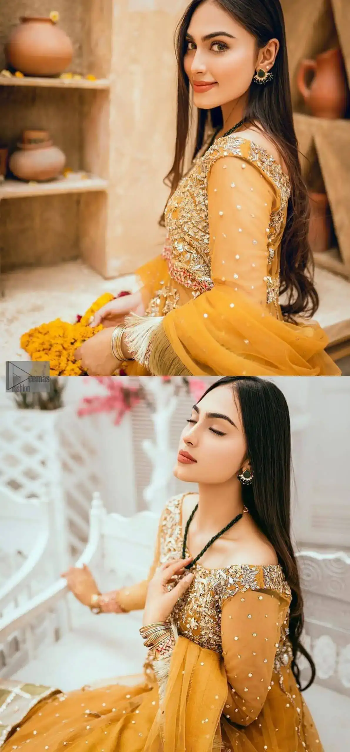 Mustard is just associated and boosts your Mehandi.  Presenting a dreamy mustard frock with a heavily embroidered bodice on a silver base. The bodice is further enhanced with handwork that includes crystal, tilla, kora and dabka work. Furthermore, the boat shape neckline and tiny work on full sleeves have the super style just to boost your day. The bottom is decorated with artistic embroidery that is adding glam to it. The Mehandi look is completed with an artistically crafted frilled lehenga which frill borders displaying the traditional hint of charm. It is coordinated with a dupatta in the same colour that is embellished with four-sided borders as well.