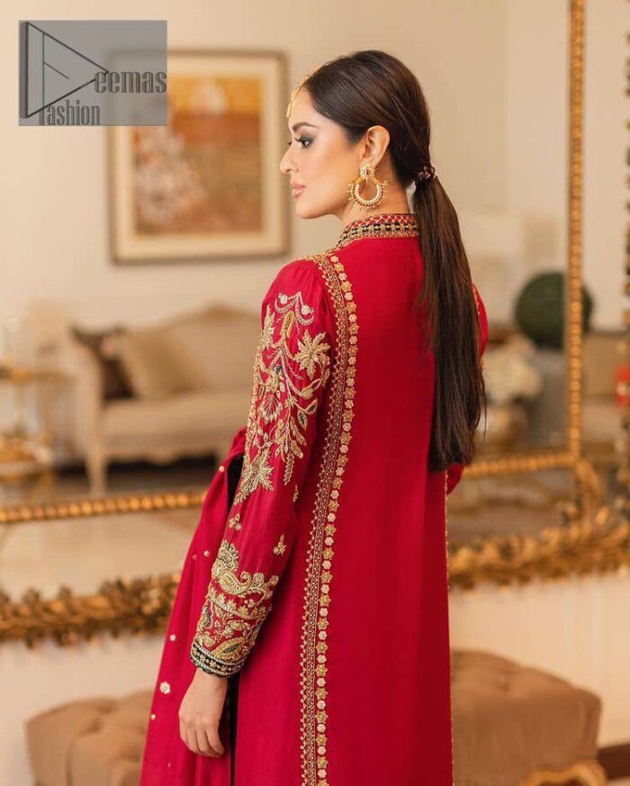The forever favourite red dress channelling your inner diva. A luxury red long shirt rendered with intimate embroidery in golden colour to make your event blazing and remembering one. It is highlighted with tilla, dabka, kora and pearls that are a perfect blooming outfit in our collection. The collar neckline and full sleeves add attractiveness to the outfit. It comes with black pant to give you a more formal look at any precious event. The border of the pants is adorned with golden embroidery as well. End up this look with red dupatta which is embellished with a four-sided border and sequins spray all over for your constant love for red.