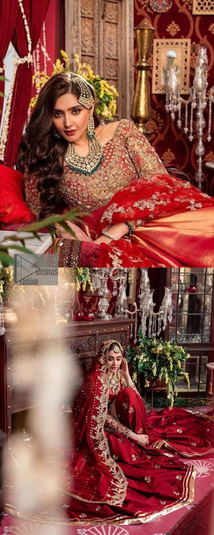 Bride love is in the air! DeemasFashion presents a red shirt rendered with golden embroidery and is enhanced with the magic of Resham, pearls, Sitara, tilla and dabka to complete the feeling of your Big Day. The shirt is emphasized with boat shape neckline and full sleeves to make your day super romantic. In addition to this, it is coordinated with red back train gharara which is intimately embellished with golden floral motifs as well. To finish this article, the last but not least piece comes that is the dupatta which is adorned with four sides heavy borders and sequins spray all over to explain the love of the bride.