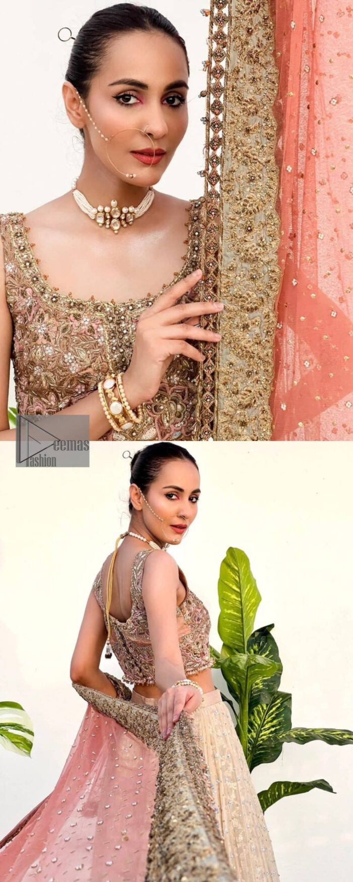The perfect outfit for walima to enhance your glow. Starting this article with a dream rust blouse having a strap neckline and prominent sleeveless style to embrace the romantic culture. The following blouse is fully embellished with golden embroidery that is prominent with tilla, dabka, kora, pearls and sequins spray to fulfil your dreamy look. It is coordinated with an ivory can-can lehenga whose border is again rendered with golden embroidery and sequins sprayed all over to continue the look. Complete this outfit with a rust dupatta which is embellished with four-sided borders and sequins sprayed all over to enhance the glow of the bride.