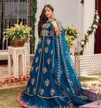 Blue defines your beauty and glows your face at any event.  Starting this article with teal blue front open pishwas that are decorated with handsome golden embroidery placed like floral motifs. It is prominent with tilla, dabka, kora and Kundan to enhance the gold in blue. In addition to this, it is styled with a sleeveless and round neckline to make your day better and the best. The following pishwas are coordinated with a can-can lehenga whose border is again adorned with heavy embellishment  Complete this party look with a teal blue dupatta that is rendered with four-sided borders and floral motifs all over to put a glow on your face.