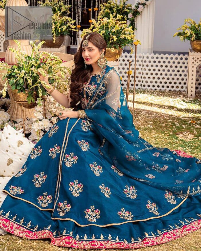 Blue defines your beauty and glows your face at any event.  Starting this article with teal blue front open pishwas that are decorated with handsome golden embroidery placed like floral motifs. It is prominent with tilla, dabka, kora and Kundan to enhance the gold in blue. In addition to this, it is styled with a sleeveless and round neckline to make your day better and the best. The following pishwas are coordinated with a can-can lehenga whose border is again adorned with heavy embellishment  Complete this party look with a teal blue dupatta that is rendered with four-sided borders and floral motifs all over to put a glow on your face.