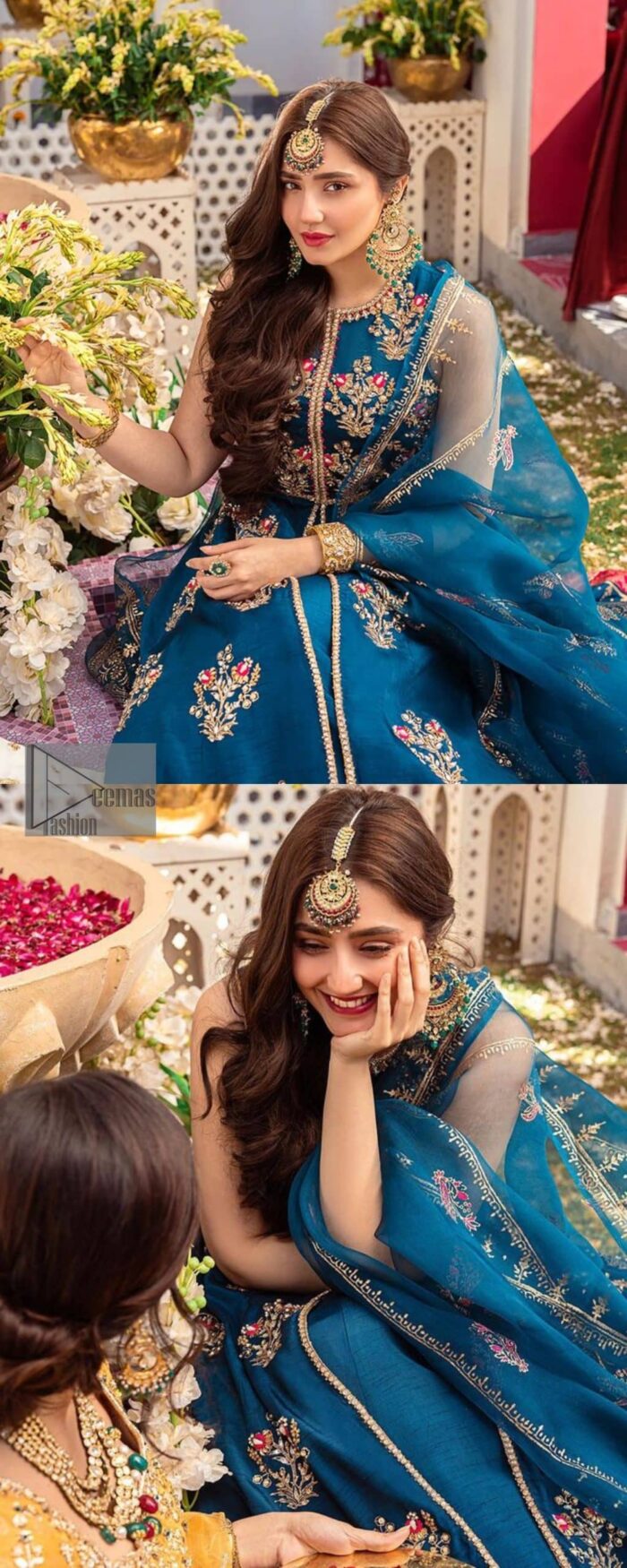 Blue defines your beauty and glows your face at any event.  Starting this article with teal blue front open pishwas that are decorated with handsome golden embroidery placed like floral motifs. It is prominent with tilla, dabka, kora and Kundan to enhance the gold in blue. In addition to this, it is styled with a sleeveless and round neckline to make your day better and the best. The following pishwas are coordinated with a can-can lehenga whose border is again adorned with heavy embellishment  Complete this party look with a teal blue dupatta that is rendered with four-sided borders and floral motifs all over to put a glow on your face.