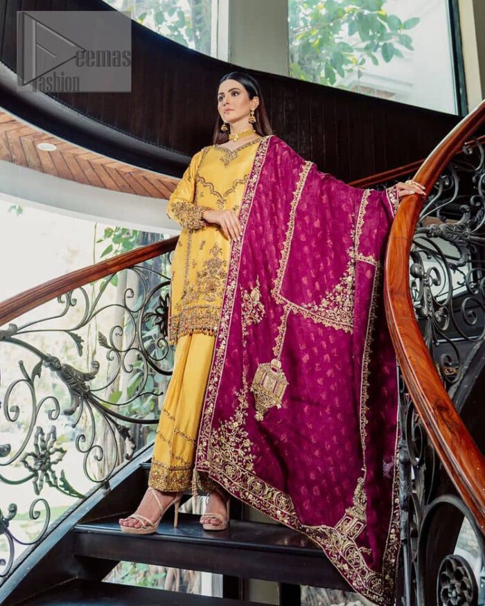 Yellow has the ability to take all the attention. Deemasfashion presents a yellow and pink outfit for your Mehandi. Starting this article with a yellow shirt that is handsomely decorated with golden embroidery and prominent with tilla, dabka, kora and zardozi to make your look super unique and perfect. Further, the following shirt is paired up with yellow straight trousers whose border is again rendered with golden embroidery. Complete this article with a magenta dupatta embellished with intimate border embroidery to gain all the attention of the event.