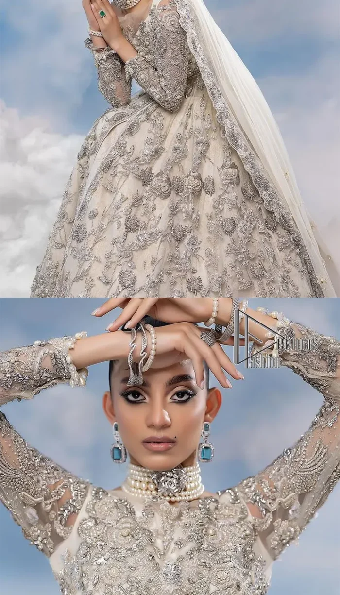 The mind wears the colours of the soul, as a beige of those of his master. Starting this nikah outfit with a beige frilled maxi which is laboriously hand-rendered with silver embroidery to fulfil the fairy dream of every bride. Furthermore, it is enhanced with tilla, dabka, kora and crystal which magnifies the beauty of this nikah outfit. The illusion neckline looks as amazing when comes with full sleeves as the moon with stars. The maxi of this nikah outfit is systemized with a lehenga in the same colour which is proof of uniqueness. Complete this nikah outfit with a dupatta in the same colour having a four-sided embellished border and sequins sprayed all over.    