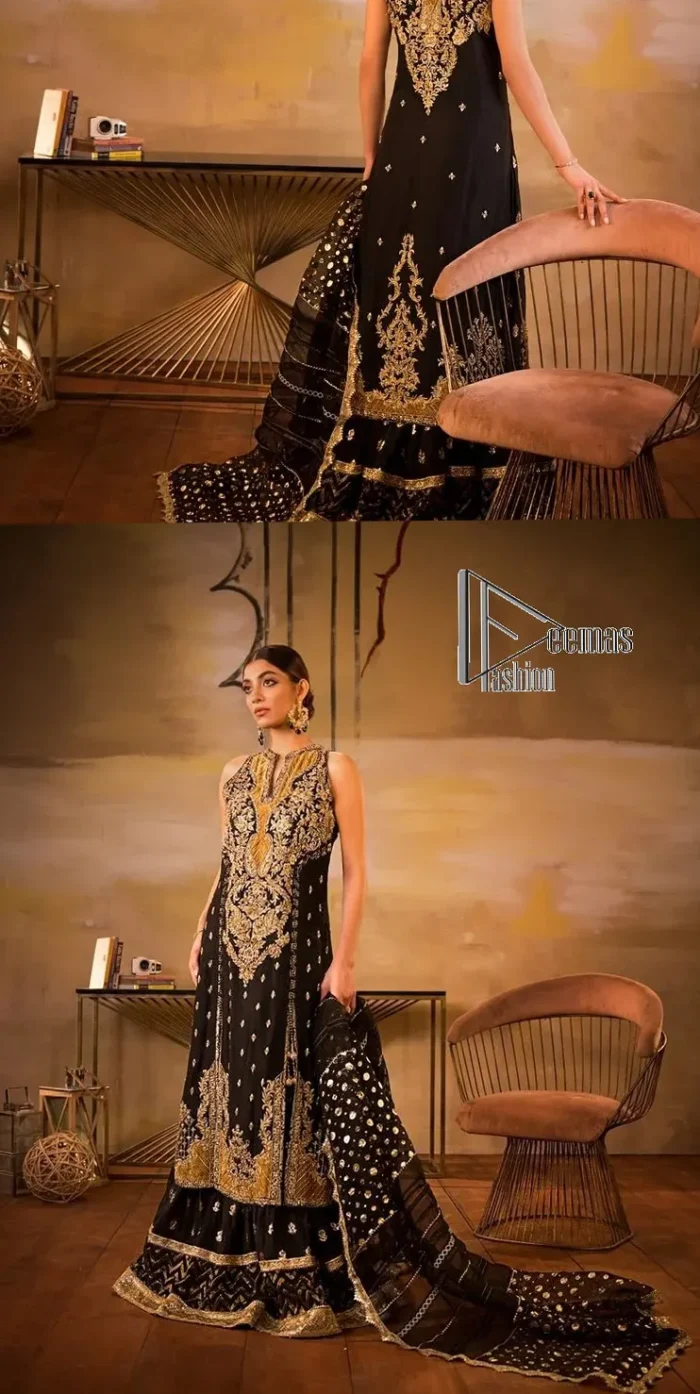 Black is just a vibe in any kind of party. DeemasFashion presents a luscious black base that serves as a canvas for a gorgeous long shirt which is beautifully decorated with light golden embroidery. The fascinating embroidery vague the terms tilla, kora, dabka and zardozi to make your party a shining one. Further, the sleeveless style of the long shirt gives a romantic look to the party wear. It is coordinated with black sharara which is again ornamented with light golden embroidery . In parallel to the shirt and sharara, the dupatta in the same colour is also embellished with four-sided borders as well. 