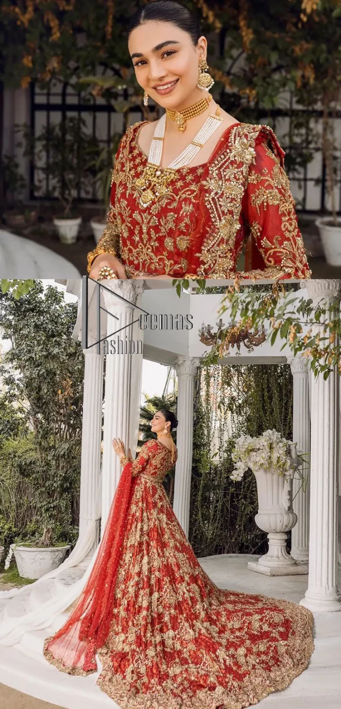 Feels just redish on your Big day to make your day lovely and romantic. DeemasFashion presents this Pakistani reception wear for you in bright red colour which begins with a flared back train maxi. The maxi is attractively and laboriously adorned with golden embroidery that enhances tilla,dabka, kora and Kundan. In addition to this, the boat shape neckline intensifies the beauty of this Pakistani reception wear when comes with full sleeves. The flared back train of the maxi is also heavily embellished. Complete this article with a dupatta in the same colour which is adorned with four-sided borders and tiny floral motifs, sequins spray all over to make you fresh on your Big day.