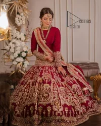 There is a shade of deep red for every bride. This Pakistani reception article begins with a deep red blouse which is simple but handsome and attractive. The blouse has boat shape neckline and full sleeves. The border of the sleeves is beautifully embellished with light golden embroidery. Furthermore, the Pakistani reception article also includes a fit and flare lehenga having heavy embroidery in light golden colour to make your day more romantic. Complete this Pakistani reception article with a deep red dupatta which is adorned with a four-sided border to give you a flavour shade of a Pakistani bride.