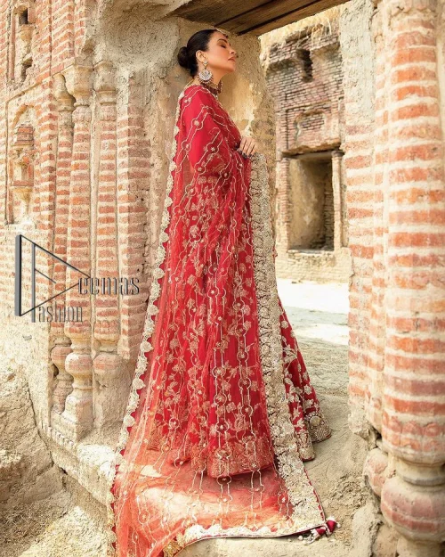 Begin your new life by wearing a romantic deep red outfit. Introducing this Pakistani reception wear that begins with a