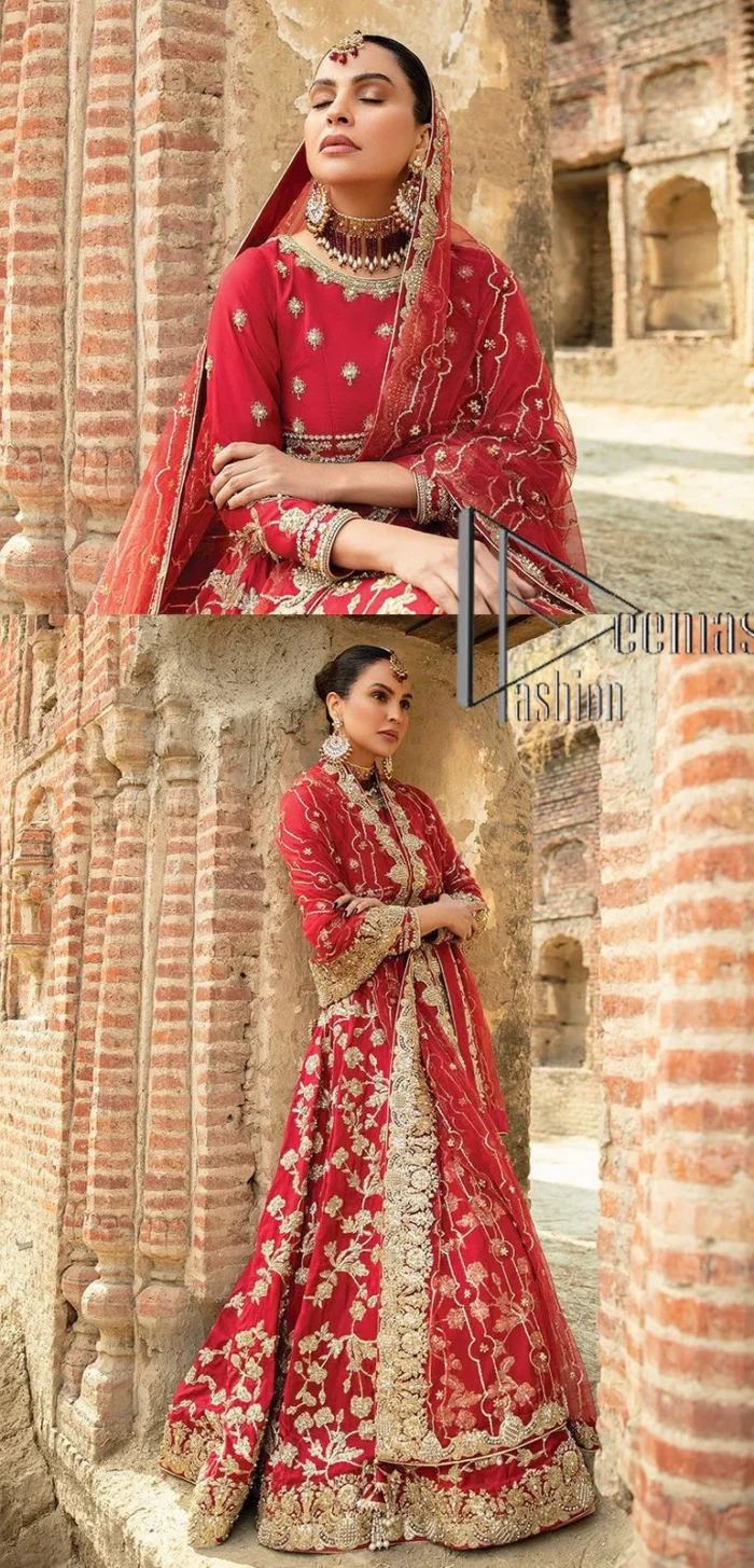 Begin your new life by wearing a romantic deep red outfit. Introducing this Pakistani reception wear that begins with a handsome blouse which is adorned with tiny floral motifs all over in light golden colour. The boat shape neckline steals the spotlight of the event when comes with three-quarter sleeves. It is combined with flared lehenga which is heavily adorned with a light golden embroidery to make your event lovely and charming. Complete this Pakistani reception wear with a dupatta in the same colour which border is heavily embellished that is ideal for modern festives.