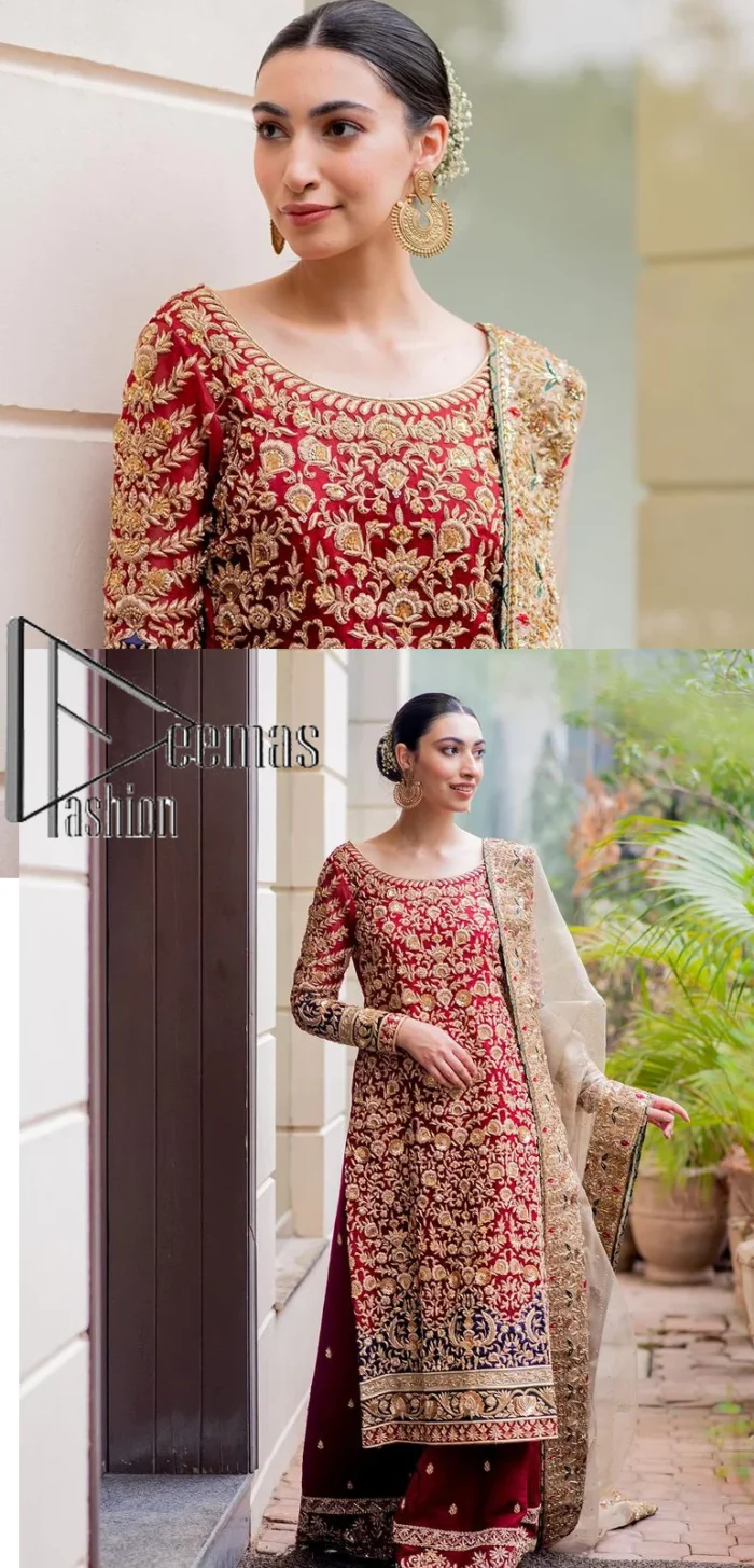 Embrace yourself with deep red on your big day. This deep red long shirt is meticulously hand-rendered with light golden embroidery which is further enhanced with tilla, dabka, kora and zardozi. The boat shape neckline of the long shirt is uniquely designed with full sleeves. This nikah wear is paired up with deep red sharara having embellished borders and ting floral motifs. Complete this nikah wear with a light fawn dupatta having four-sided embellished borders and tiny floral motifs all over to fulfil your dreams for your big day.
