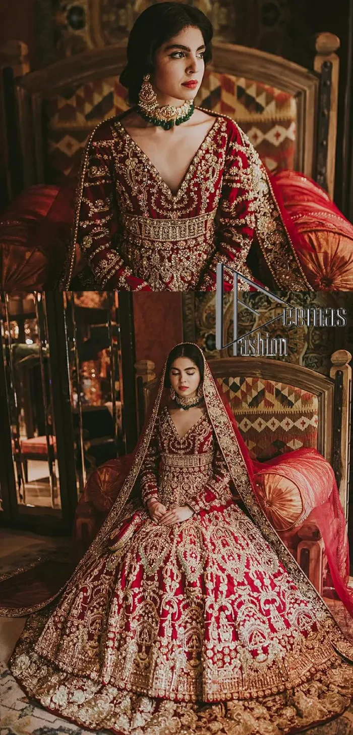 Deep red on Big day is just associated with love and romance. The deep red panelled frock is beautifully decorated with heavy light golden embroidery which includes tilla, dabka, kora and Kundan. In addition to this, the V shape neckline looks super romantic when comes with full sleeves. It is paired up with a heavy flared lehenga which is again adorned with lovely embroidery. Out and out this Pakistani reception article with dupatta having a four-sided embellished border to make your day super charming.