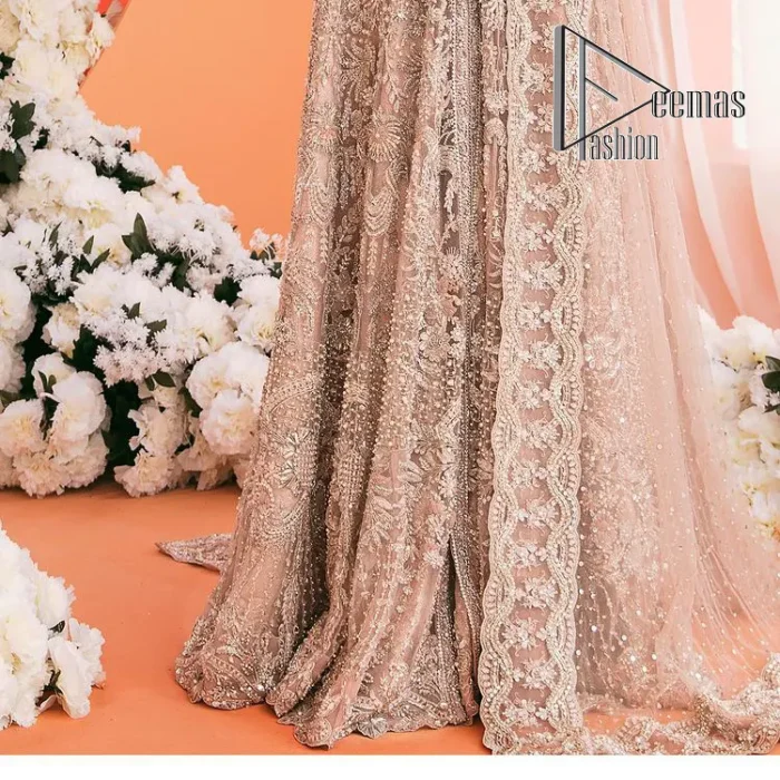 A magical evening, the moon reflects your face of you!  This romantic beige-pink front open maxi is laboriously decorated with silver embroidery to make your nikah dress super magical. The hand-rendered involves kora, dabka, tilla and crystal. Further, the V shape neckline and full sleeves of this nikah dress are as amazing as ever the bride wants on her day. It is coordinated with a back train lehenga which is specially designed with a scalloped style and also heavily ornamented with embroidery. Completed this Nikah dress with a scalloped dupatta in the same colour which is again embellished with four-sided borders and sequins sprayed all over to make your evening super magical.