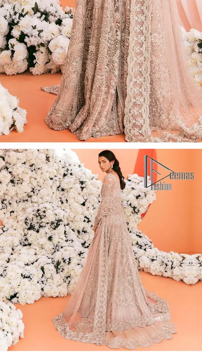 A magical evening, the moon reflects your face of you!  This romantic beige-pink front open maxi is laboriously decorated with silver embroidery to make your nikah dress super magical. The hand-rendered involves kora, dabka, tilla and crystal. Further, the V shape neckline and full sleeves of this nikah dress are as amazing as ever the bride wants on her day. It is coordinated with a back train lehenga which is specially designed with a scalloped style and also heavily ornamented with embroidery. Completed this Nikah dress with a scalloped dupatta in the same colour which is again embellished with four-sided borders and sequins sprayed all over to make your evening super magical.