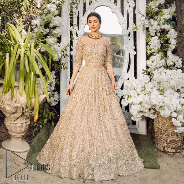If you are getting married, you need a quality outfit. So, DeemasFashion presents this nikah outfit for you in fawn colour which begins with a fawn blouse that is laboriously and meticulously hand–rendered with silver and matching embroidery. It enhances with tilla, dabka, kora and Kundan that is portraying the dreamy vibe. The V Shape neckline of the blouse is a stylish way to steal the spotlight. The Nikah outfit is paired up with a can-can lehenga which is again heavily embellished with lushly detailed embroidery. Complete this nikah outfit with a dupatta in the same colour which is beautifully ornamented with a four-sided border which is ideal for modern festives.