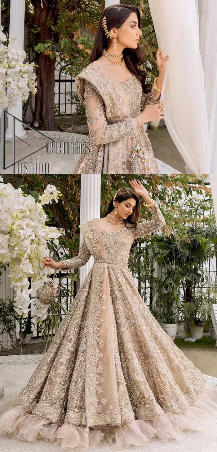 Begin your new life by wearing a dreamy nikah outfit of deemasFashion. Introduce this nikkah outfit with a light fawn frilled heavy maxi that is laboriously hand-rendered with silver and the same colour embroidery that enhances tilla, dabka, kora and crystal. The boat shape neckline and full sleeves of this maxi also add memorable beauty to your amazing Qabool Hai moment. The maxi of this nikah wear is systemized with a dupatta in the same colour which is ornamented with four-sided borders and sequins sprayed all over to enhance the attractiveness of the nikah outfit.