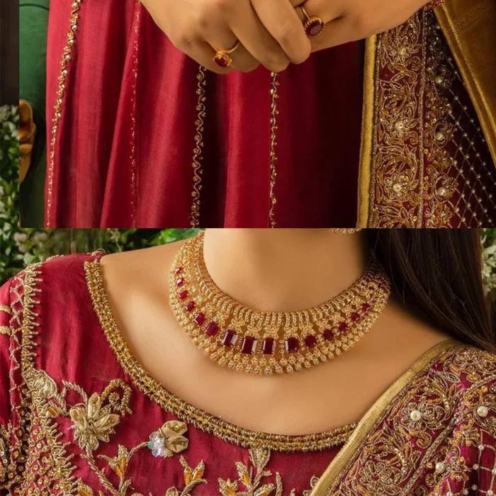 Maroon is the colour language to show bold and cuteness at the same time. DeemasFashion presents this Pakistani reception wear in the beautiful shade of maroon. Starting this Pakistani reception wear full-length Anarkali which is meticulously hand-rendered with golden embroidery which enhances the tilla, dabka, kora and Kundan to make your day with full confidence. Furthermore, it is highlighted with three-quarter sleeves and boat shape neckline. The Anarkali of this Pakistani reception wear is organized with a dupatta in the same colour which is embellished with four-sided borders and sequins sprayed all over.