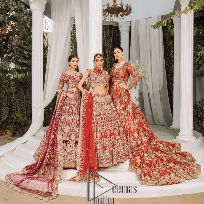 Make your day more lovely by wearing maroon colours. Maroon is just the star among all colours for the bride's Big day. So, DeemasFashion presents this maroon Pakistani reception outfit which begins with a traditional blouse that is meticulously adorned with light golden embroidery. Further, it is enhanced with tilla, dabka, kora and zardozi to make your day more remarkable. The three-quarter sleeves of the blouse add more beauty to this outfit. This Pakistani reception outfit is paired up with a can-can lehenga which is again heavily ornamented with light golden embroidery. Finish this article with a dupatta that is embellished with a four-sided border to fulfil your artistic look.