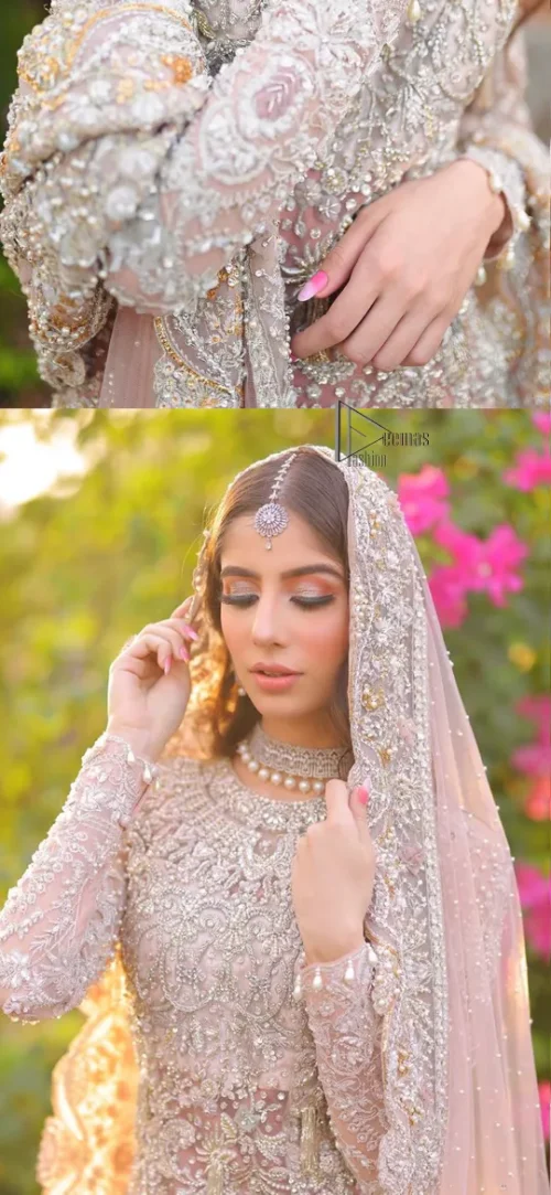 Introducing the mauve nikah outfit which begins with a short shirt that is meticulously and laboriously hand-rendered with silver embroidery