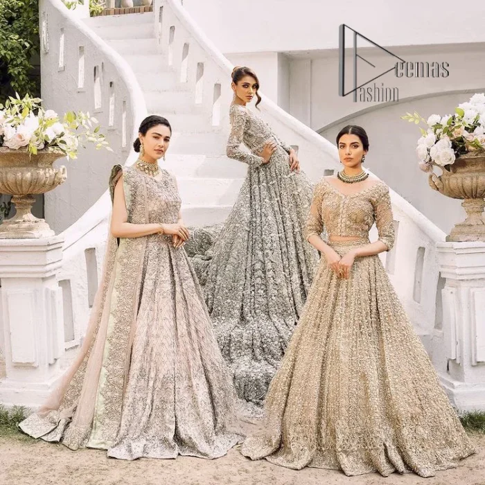 It was love at first swipe! Presenting this olive green back train maxi which is laboriously hand-rendered with silver and matching embroidery to make you a pure soulful bride. It is enhanced with tilla, dabka, kora and Kundan. The illusion neckline adds more beauty to this walima wear when comes with full sleeves. The back train flare is made just for you to catch more and more love from your loved ones. Complete this walima wear with a dupatta in the same colour which is handsomely embellished with a four-sided heavy border and sequins sprayed all over to receive more love.
