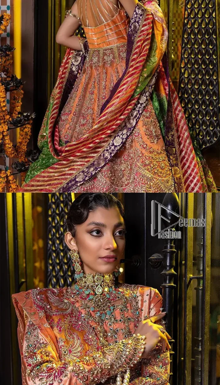 In a world full of trends, sometimes a bride just wants to wear something classic and traditional. In this way, DeemasFashion presents the major Pakistani walima dress which is nearest to the traditional style. The Pakistani walima dress starts from the orange pishwas which is beautifully styled with an illusion neckline and sleeveless. Further, it is enhanced with colourful embroidery which includes kora, dabka, tilla and Sitara to make your day super special. Pakistani walima dress is systemized with lehenga in the same colour but has a heavy green border to add beauty to the dress. Complete this Pakistani walima dress with a colourful dupatta to meet the following traditional trend.