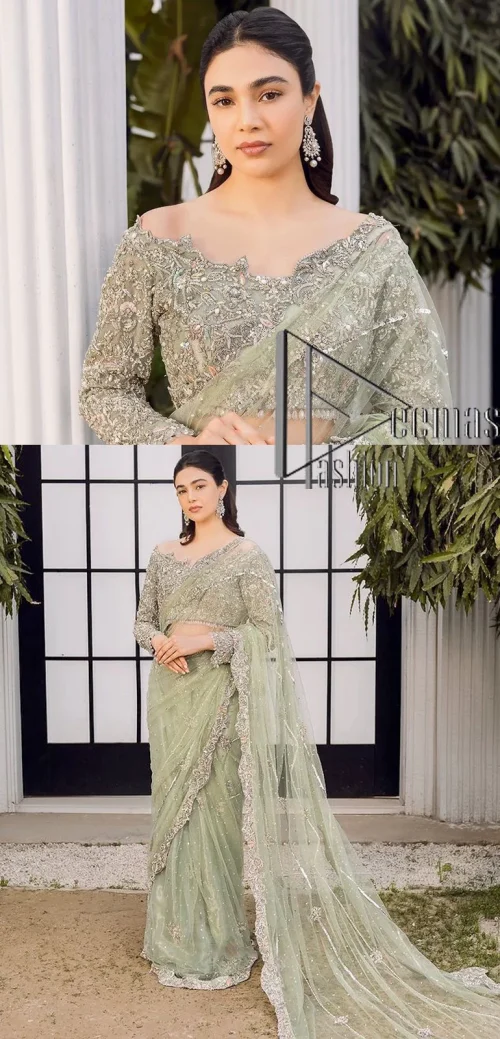 You go girl. Get you a handsome outfit that will wear matching robes. DeemasFashion presents this pistachio green saree to