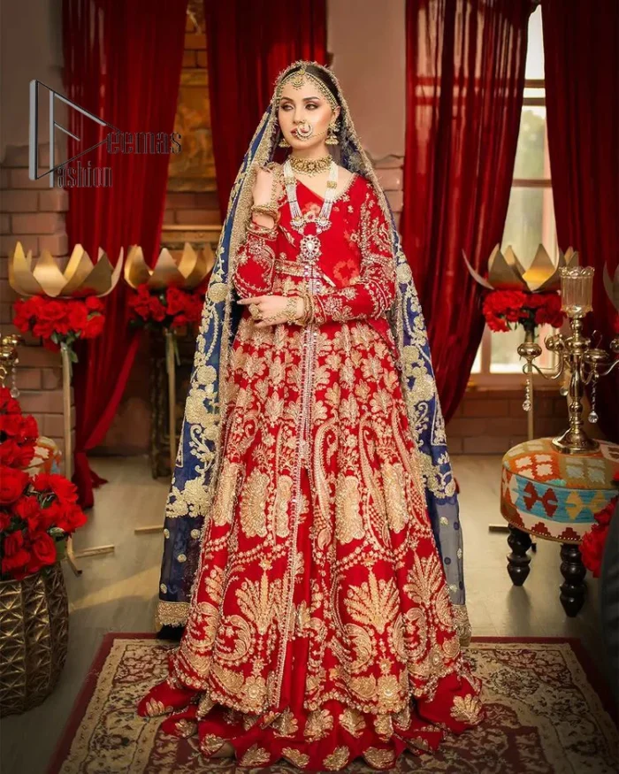 Red is the colour of love. Beating hearts and hungry lips. Red is always associated with Pakistani reception wear. Go ahead with a red front open maxi which is actively adorned with light golden embroidery and enhanced with tilla, kora, dabka and zardozi. Furthermore, the Pakistani reception wear is highlighted with V shape neckline and full sleeves to embrace the night of the event. The Pakistani reception wear is coordinated with a lehenga in the same colour which border is embellished with floral motifs. Complete this article with a dupatta in contrast to blue or red which is embellished with heavy embroidery as well to balance the artilcle.
