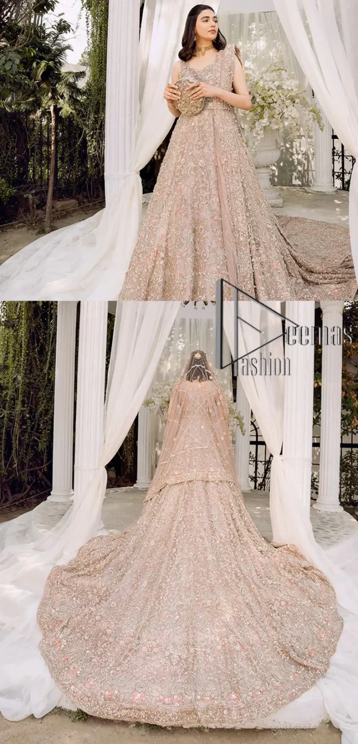 Boost your day with all about rose pink! Presenting the rose pink walima wear which begins with a heavy maxi that is beautifully hand-rendered with silver embroidery. It is attractively highlighted with tilla, dabka, kora and zardozi. The astonishing sleeveless style of the maxi looks super amazing when comes with a sweetheart neckline to make your day booster day. Furthermore, the back train of the maxi is also heavily ornamented. The walima wear is exquisitely paired up with a dupatta in the same colour which is embellished with four-sided borders and sequins sprayed all over.