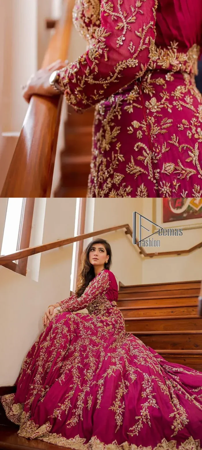Stripes are the new pinky vibes. Introducing the Pakistani walima dress in the shade of shocking pink. This easy-breezy, romantic silhouette, is laboriously frosted with meticulously detailed golden embroidery which includes tilla, dabka, kora and Kundan. The handsome illusion neckline gives an extra soothing view to this Pakistani walima dress when comes with three-quarter sleeves. The heavily hand-rendered maxi is paired up with a dupatta in the same colour which is again embellished with four-sided borders and sequins sprayed all over to make your day super fresh.