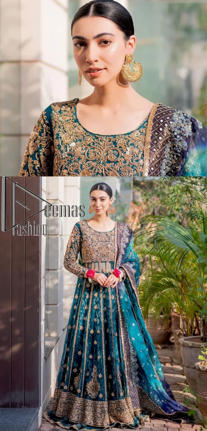 The bride wears blue just touches the blues of the sky. DeemasFashion introduces this teal blue mehndi outfit which begins with panelled Anarkali. The following Anarkali is exquisitely hand-rendered with a light golden embroidery which involves tilla, dabka, kora and zardozi. The floral motifs are also embellished on panels to make this Anarkali priceless. Furthermore, the round shape neckline and full sleeves also enhance the beauty of this mehndi outfit. It is handsomely and attractively paired up with brocade lehenga which gives a unique pieace of charmless.