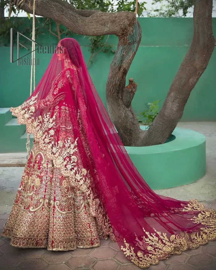 A wine that will make you rise and shine n your Big day. Begin this reception wear with wine red blouse which is beautifully adorned with golden embroidery and further enhance with tilla, dabka, kora and Sitara. The round shape neckline of the blouse meticulously comes with full sleeves. The reception wear also includes the flared lehenga in the same colour which is highlighted with multiple colour embroidery as well. In parallel to this, the dupatta in the same colour is heavily adorned with four-sided borders and floral motifs all over to make you rise and shine in this reception wear.