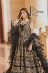 Wear black in-depth to lead colourful lives. DeemasFashion presents black party wear which includes a front open maxi having light golden embroidery which is beautifully decorated with tilla, dabka, kora, and Kundan. Further, it is prominent with sleeveless style and sweetheart neckline to make you a memorable girl of the event. It is organized with a frilled lehenga which is a unique core piece. Complete this with a dupatta in the same colour to boost your day with black.