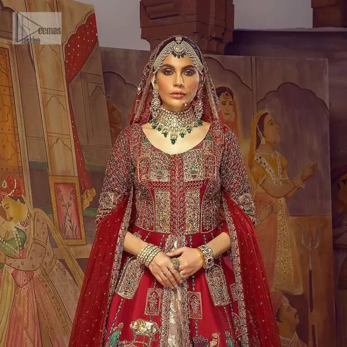 Stun in this classic canvas with crimson maroon adornment at your reception. DeemasFashion presents this outfit which begins with a maxi that is luxuriously encrusted with tilla, dabka, Resham, Sitara and specific shorts of zardozi. Scintillating with detailed embroidery in multiple-colour to make you the fashion start of the era. The round neckline of the maxi along with the three-quarter sleeves makes the traditional look. It is systemized with lehenga made with pure jamawar in ivory colour. Complete this article with a dupatta, framed with a four-sided border and sequins sprayed all over to fulfilling the promising stunning bride look.