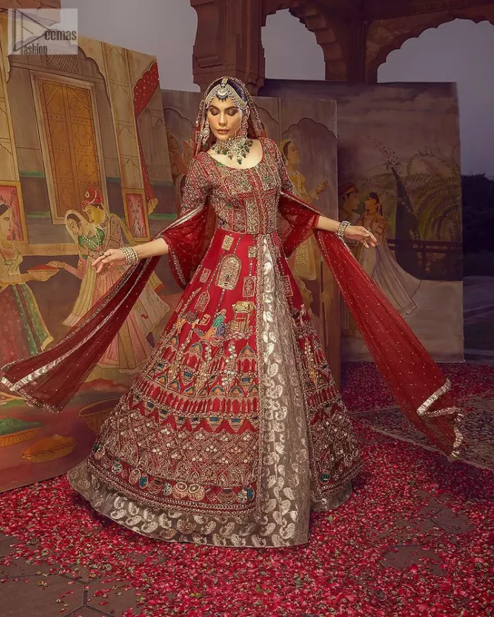 Stun in this classic canvas with crimson maroon adornment at your reception. DeemasFashion presents this outfit which begins with a maxi that is luxuriously encrusted with tilla, dabka, Resham, Sitara and specific shorts of zardozi. Scintillating with detailed embroidery in multiple-colour to make you the fashion start of the era. The round neckline of the maxi along with the three-quarter sleeves makes the traditional look. It is systemized with lehenga made with pure jamawar in ivory colour. Complete this article with a dupatta, framed with a four-sided border and sequins sprayed all over to fulfilling the promising stunning bride look.