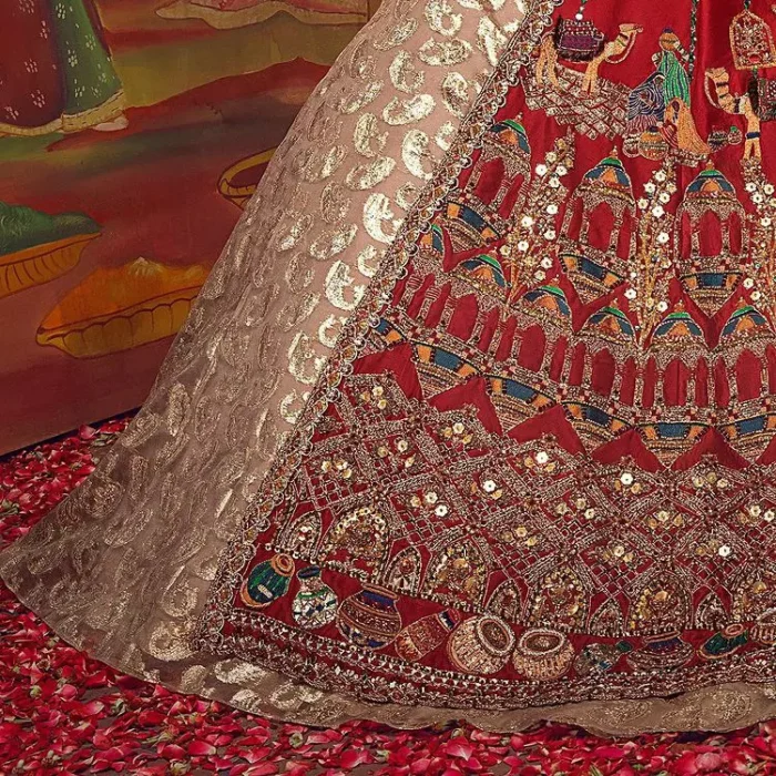 Stun in this classic canvas with crimson maroon adornment at your reception. DeemasFashion presents this outfit which begins with a maxi that is luxuriously encrusted with tilla, dabka, Resham, Sitara and specific shorts of zardozi. Scintillating with detailed embroidery in multiple-colour to make you the fashion start of the era. The round neckline of the maxi along with the three-quarter sleeves makes the traditional look. It is systemized with lehenga made with pure jamawar in ivory colour. Complete this article with a dupatta, framed with a four-sided border and sequins sprayed all over to fulfilling the promising stunning bride look.