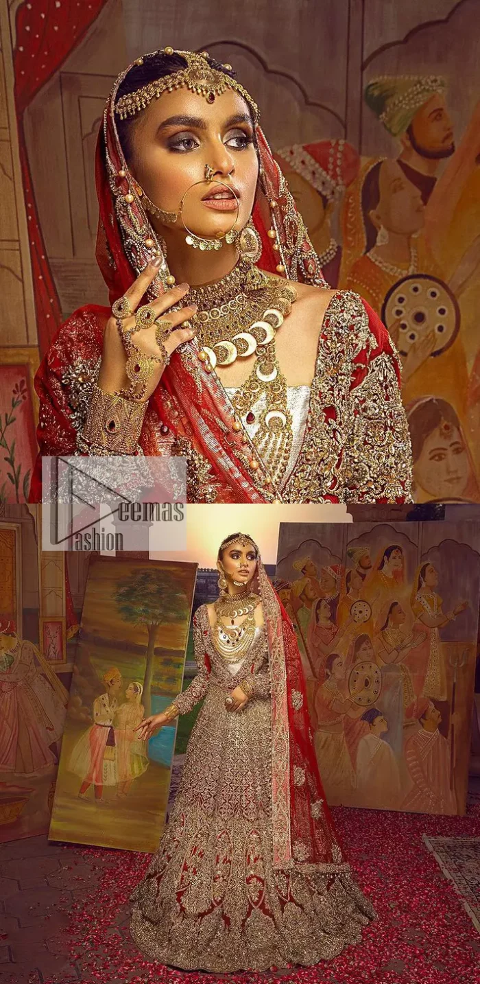 Encourage your reception day in this elegant yet classy deep red silhouette. Make your bridal look, in this deep red ensemble, heavenly adorned with golden embroidery highlighted with kora, dabka, zardozi,tilla, crystal, pearls and sequins. The heavily loaded embroidered border completes the look of the maxi. In addition to this, the V shape neckline along with full sleeves is such a graceful artistic look. It is paired up with this heavily loaded dupatta with intricately handcrafted borders, further enhanced with floral motifs and sequins spray all over to add a romantic and aesthetic look to this article.