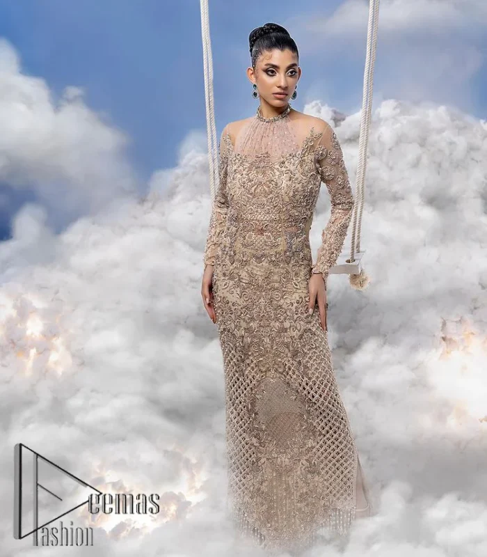 It was love at first swipe. A light fawn heavily hand-crafted maxi for an elegant daytime Nikah look. This light fawn maxi is handsomely embellished with tilla, dabka, kora, naqshi and zardozi which is further enhanced with silver embroidery. Further, the halter neckline along with full sleeves style is proven to guarantee that you stole the eyes and hearts of your loved ones. The floral pattern of the following maxi also increases the main focus of the maxi to make your day remarkable.