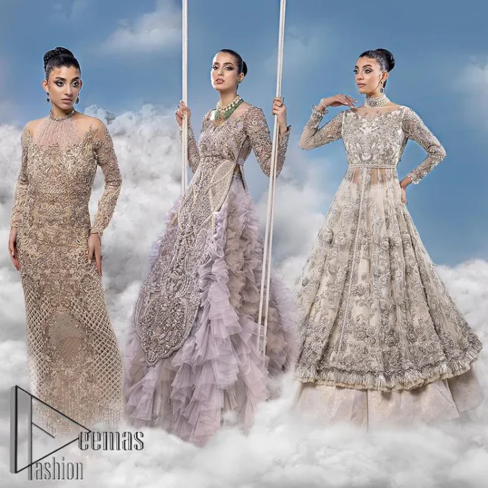 It was love at first swipe. A light fawn heavily hand-crafted maxi for an elegant daytime Nikah look. This light fawn maxi is handsomely embellished with tilla, dabka, kora, naqshi and zardozi which is further enhanced with silver embroidery. Further, the halter neckline along with full sleeves style is proven to guarantee that you stole the eyes and hearts of your loved ones. The floral pattern of the following maxi also increases the main focus of the maxi to make your day remarkable.