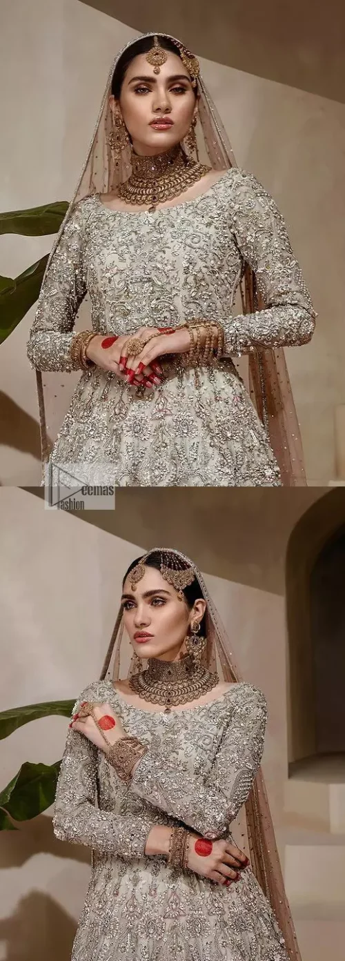 Walk with style on your Nikah day and let the flare follow! This light fawn flare maxi is decorated with