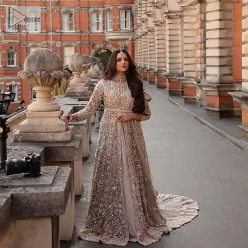 Filling the air with utmost happiness, joy ad fun for your Walima day. A handsome and attractive light fawn maxi