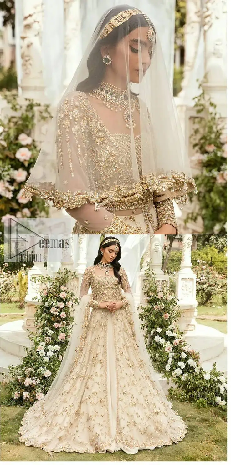Mark your Nikah day in a calendar as a special one with this marvellous outfit. DeemasFashion presents this outfit in light fawn colour which begins with a back train scalloped maxi. The following maxi is sumptuously embellished with a golden embroidery which is further intensified with tilla, dabka, naqshi, Resham and zardozi. The sweetheart neckline of the maxi is heavily embellished and looks romantic when comes with full sleeves style. It is handsomely paired up with a lehenga in the same colour which is so plain to balance the look of the outfit. Finish this article with a scalloped dupatta which is embellished with four-sided borders and sequins sprayed all over to make your day more magical.