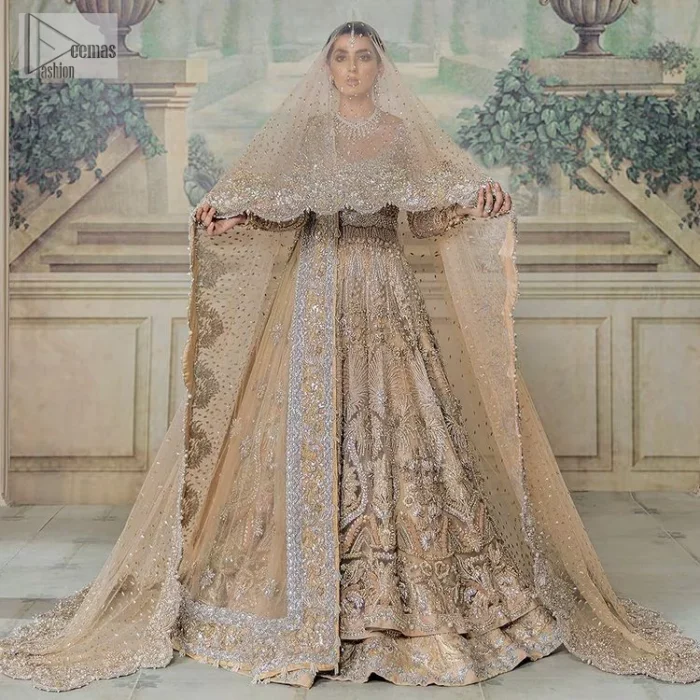Beautiful fabrication and whimsical embroidery. What an absolute treat! The yellow maxi defines endless transitions of the intricate embellishment of silver embroidery, the patterns which portray a fusion of modern twists which enhances with tilla, dabka, zardozi, Resham and beautiful details of crystal. The round neckline of the maxi gives so soothing and romantic look when comes with full sleeves. The following maxi is beautifully systemized with can-can lehenga that is attractively adorned to make the outfit a unique masterpiece. Complete this article with the dupatta, framed with four-sided borders and sequins sprayed all over to meet the inner happiness of the bride.