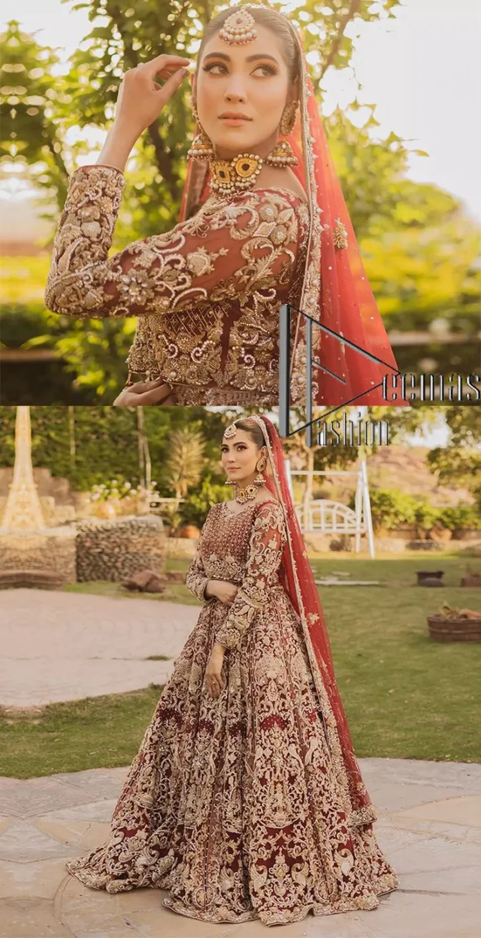 Love is in the air. A maroon blouse in maroon colour is hand-rendered in gold and is enhanced with naqshi, tilla, dabka, and kora along with the magic of zardozi. The boat shape neckline of the following blouse is pleasing to the outfit when combined with full sleeves to make your reception day more memorable. The flared lehenga in the same colours has gorgeous embroidery patterns and is paired up with a dupatta which is framed with a four-sided embellished border. It is further prominent with a sequin spray to give you the look of a model of the era.