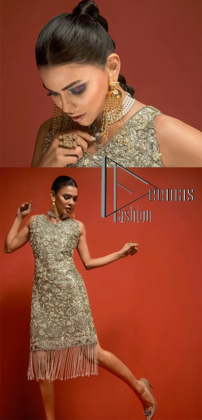 Celebrate your party events with DeemasFashion. An olive green shirt in tissue fabric, hand embellished with dabka, nakshi, cut dana, Resham, Swarovski, Mukesh, sequin and Kundan. A heavily embellished bodice featuring floral patterns all over to make your party event marvellous and shiny. The following heavy shirt is enhanced with V shape neckline along the sleeveless style. The bottom of the shirt has handsome fringes to give you a charming and splendid look.