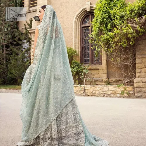 For the love of blue! A raw silk pale blue maxi with a heavy border is beautifully embroidered in silver
