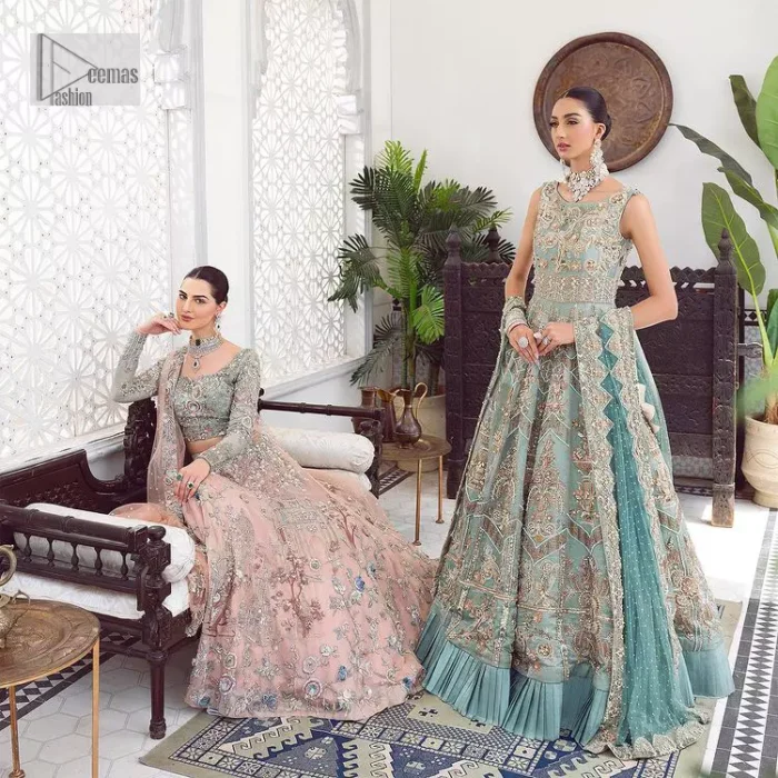 Be a fashion diva in this true modern classic Nikah outfit! The pale blue pleated maxi is handsomely adorned with multiple colour embroidery which is further enhanced with tilla, dabka, kora, Kundan and zardozi. The boat shape neckline makes a unique sense of the masterpiece when comes with sleeveless style. It is attractively organized with a dupatta in the same colour which is adorned with a four-sided border and enhanced with sequins sprayed all over to give you a modest look on your day.
