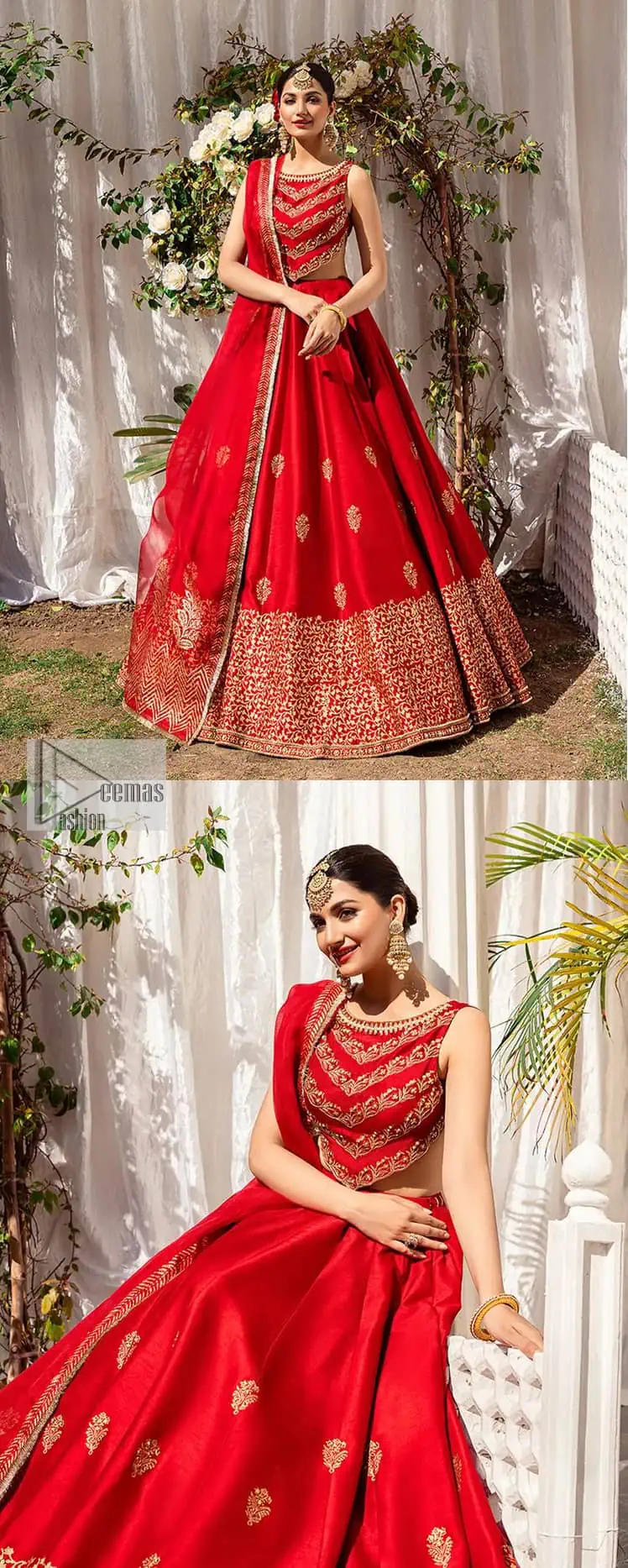 Master of artists who are the secret keepers of the canvas made the perfect shade of red for you to wear at your reception. A pure organza canvas of blouse, dipped in the richest shade of red, is adorned with dabka, sequins, tilla, kora and the magic of Resham. The following blouse is further magnified with golden embroidery with the highest attention to detail. The Round shape neckline of the blouse gives so romantic look when comes with a sleeveless style. It is paired u with flared and fluffy lehenga in silk whose bottom is heavily embellished. Complete this outfit with an organza dupatta framed with four-sided borders to be the star of the show.
